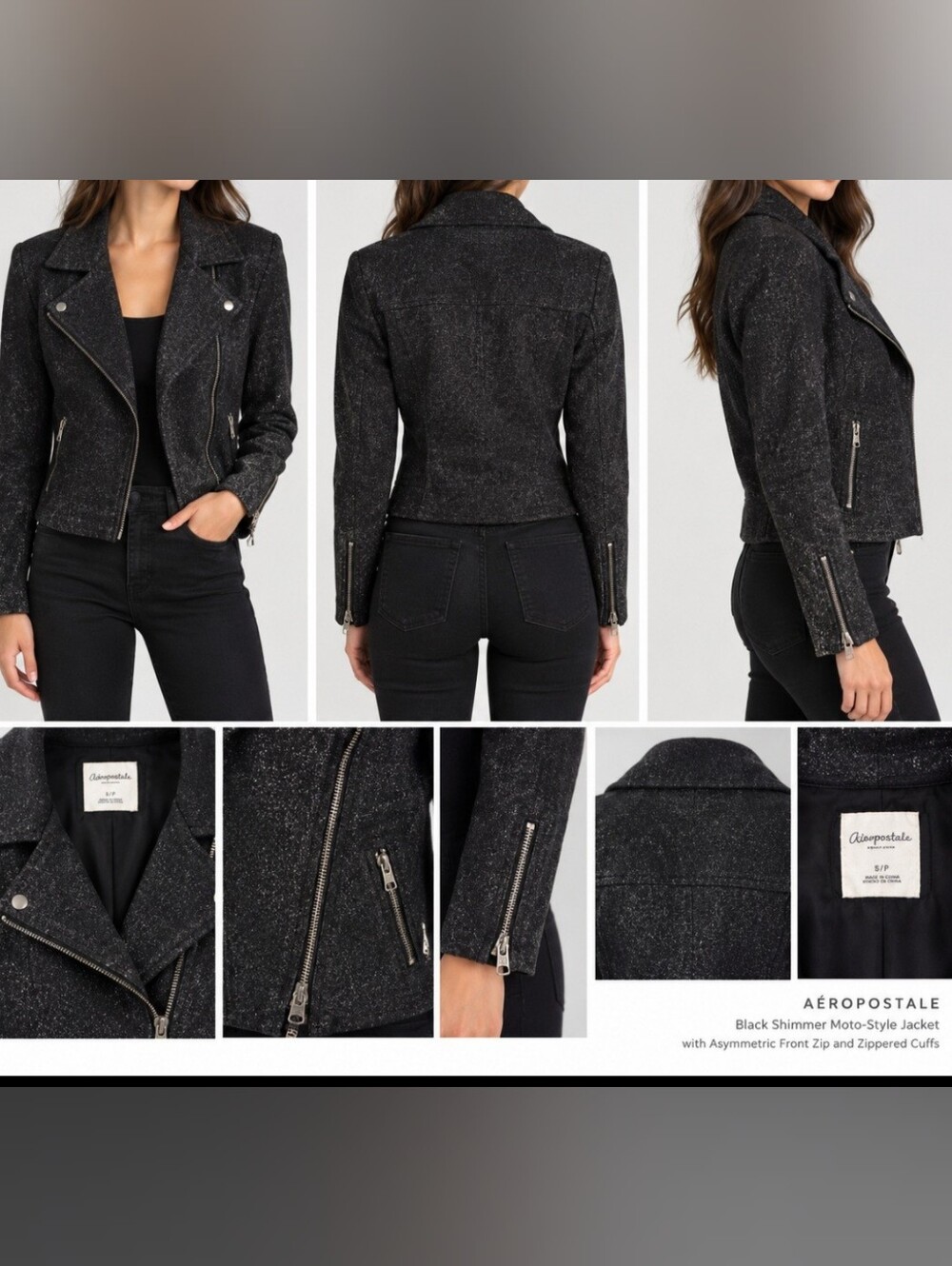 Aeropostale black shimmer moto-style jacket with an asymmetric front zip and zip